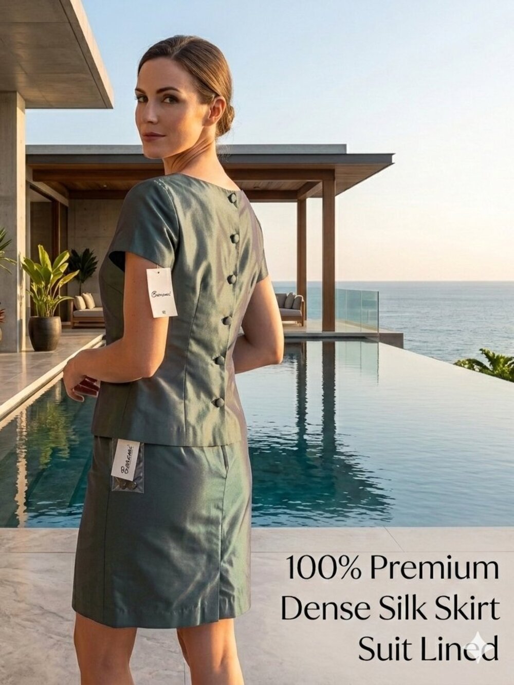 NWT Barami Skirt Suit Set Women 8 100% Premium Dense Silk Button Lined Money Lux